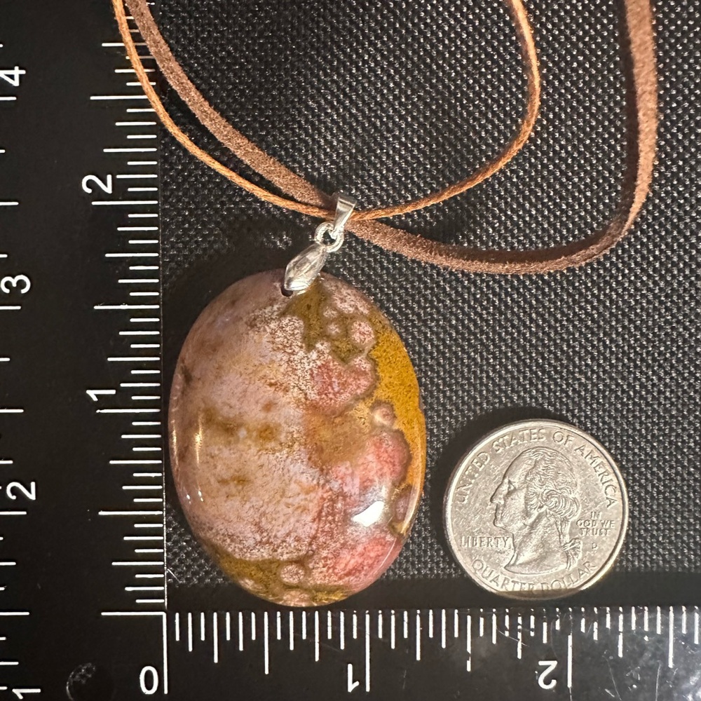 Ocean Jasper Oval Pendant Necklace on Brown Faux Suede - Picture 14 of 15